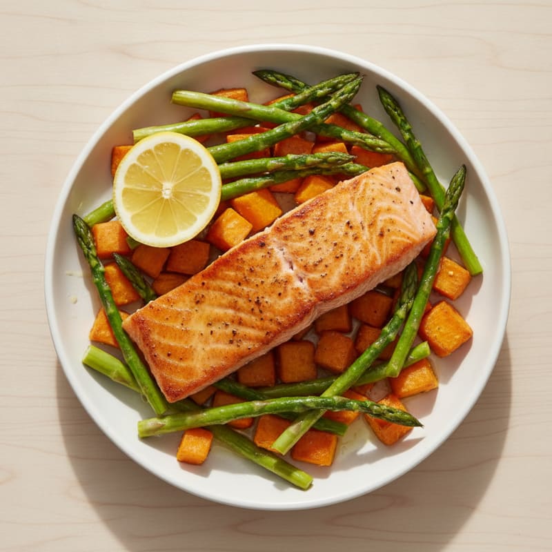 Seared Salmon with Roasted Sweet Potato and Asparagus