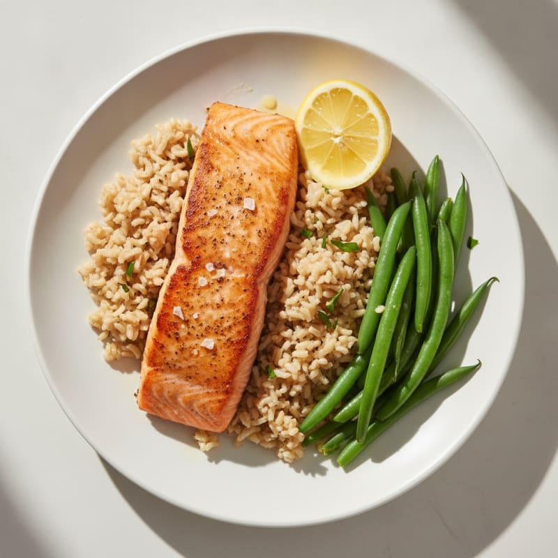 Seared Salmon with Steamed Green Beans and Brown Rice