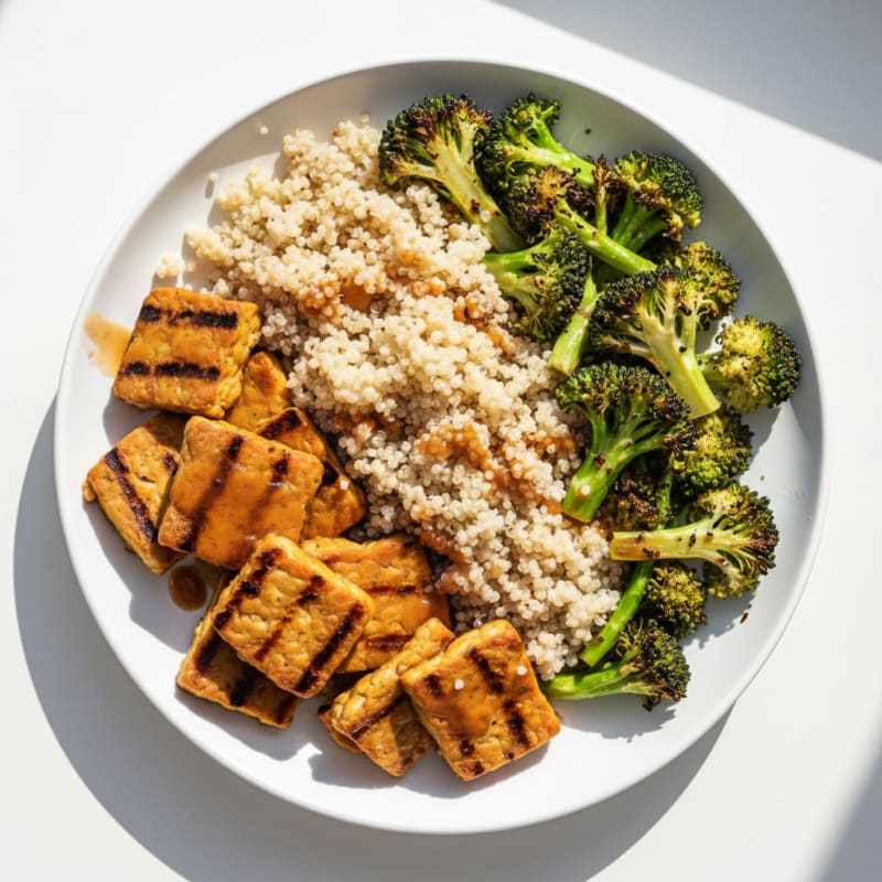 Grilled Tempeh with Roasted Broccoli and Quinoa