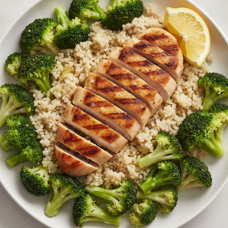 Grilled Chicken Breast with Steamed Broccoli and Quinoa