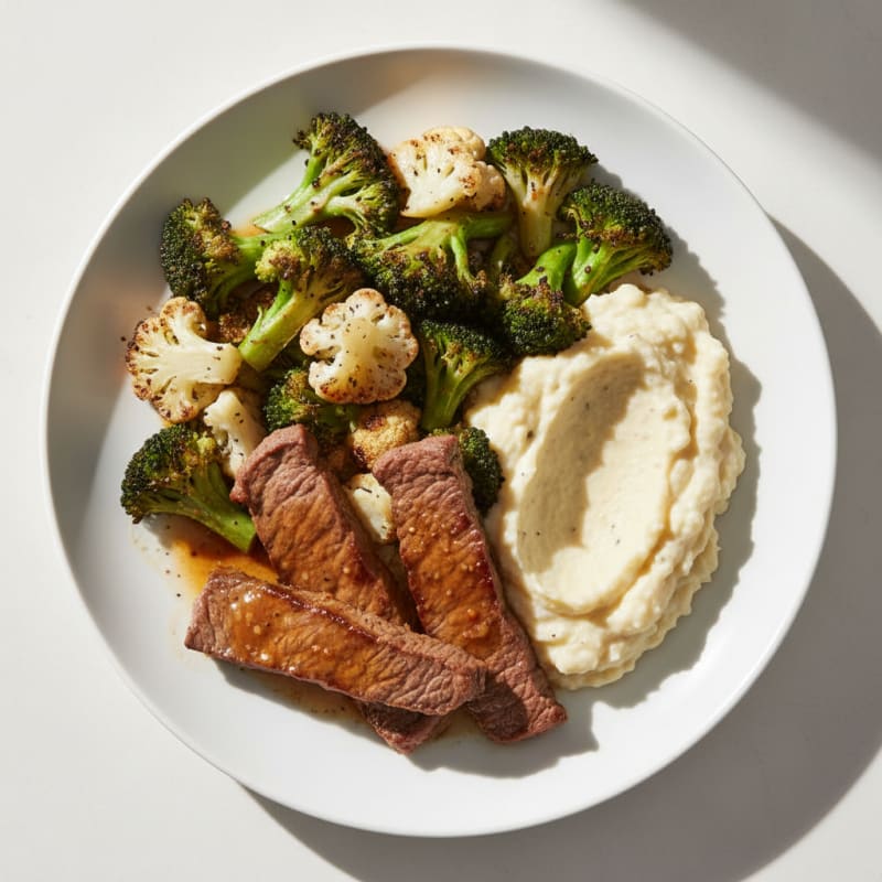 Seared Lean Beef Strips with Roasted Broccoli and Cauliflower Mash