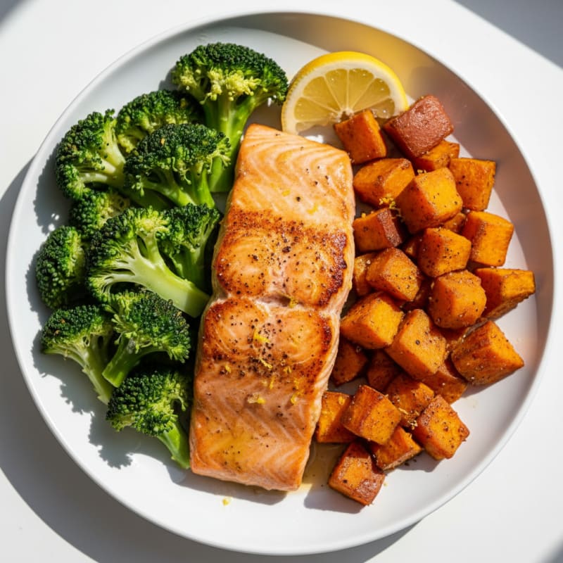 Seared Salmon with Steamed Broccoli and Roasted Sweet Potato