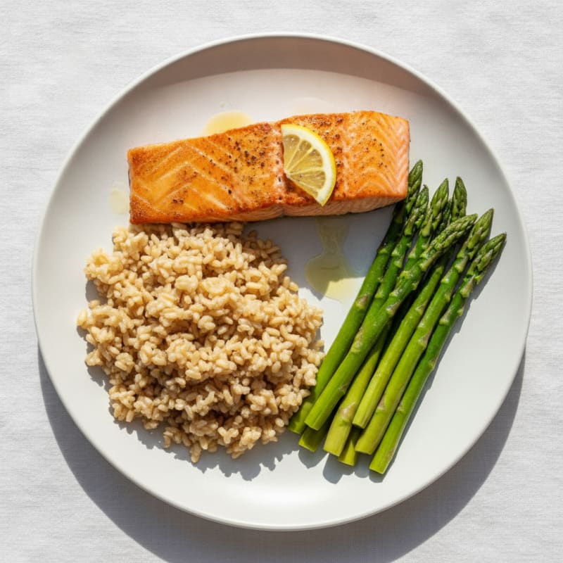 Seared Salmon with Steamed Asparagus and Brown Rice