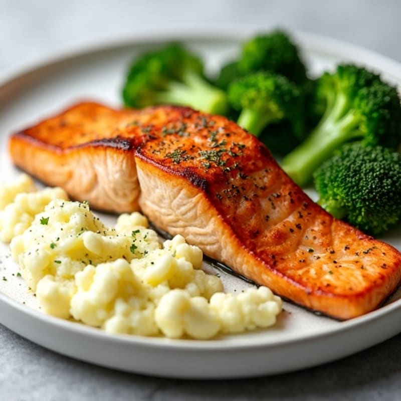 Seared Salmon with Steamed Broccoli and Garlic Mashed Cauliflower