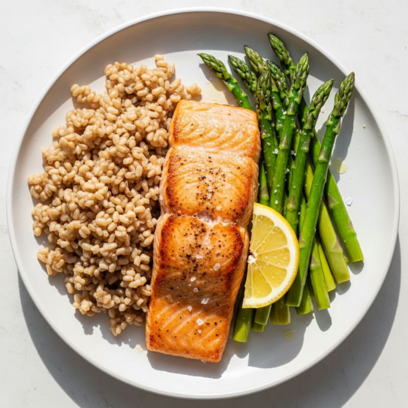 Seared Salmon with Steamed Asparagus and Brown Rice