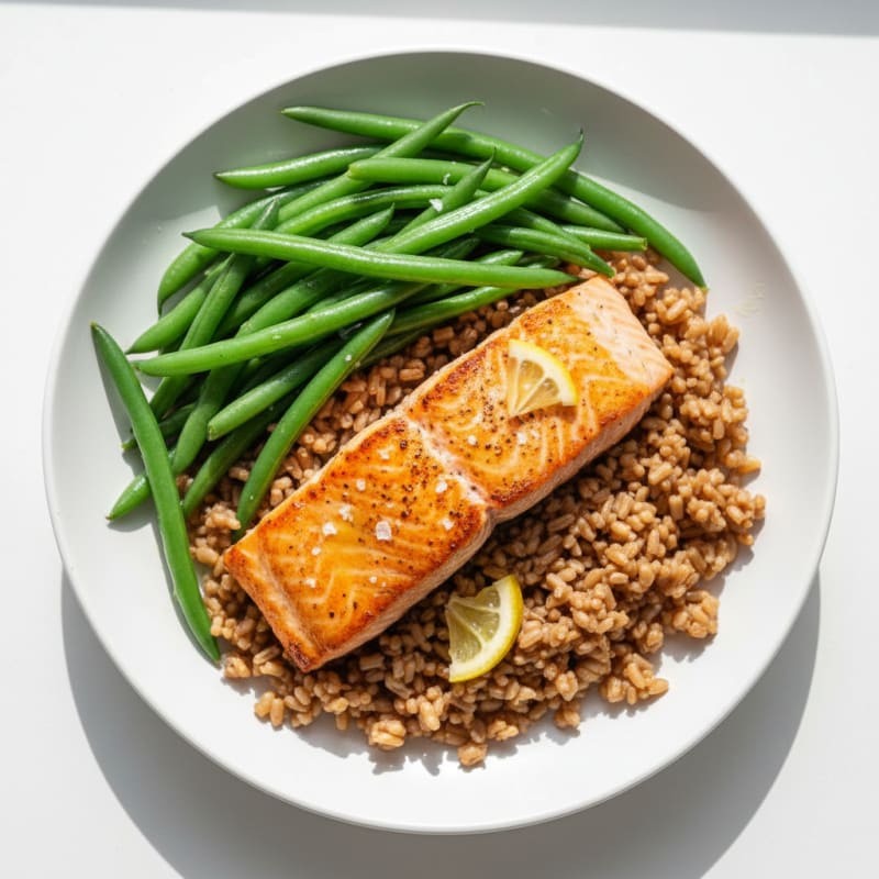 Seared Salmon with Steamed Green Beans and Brown Rice