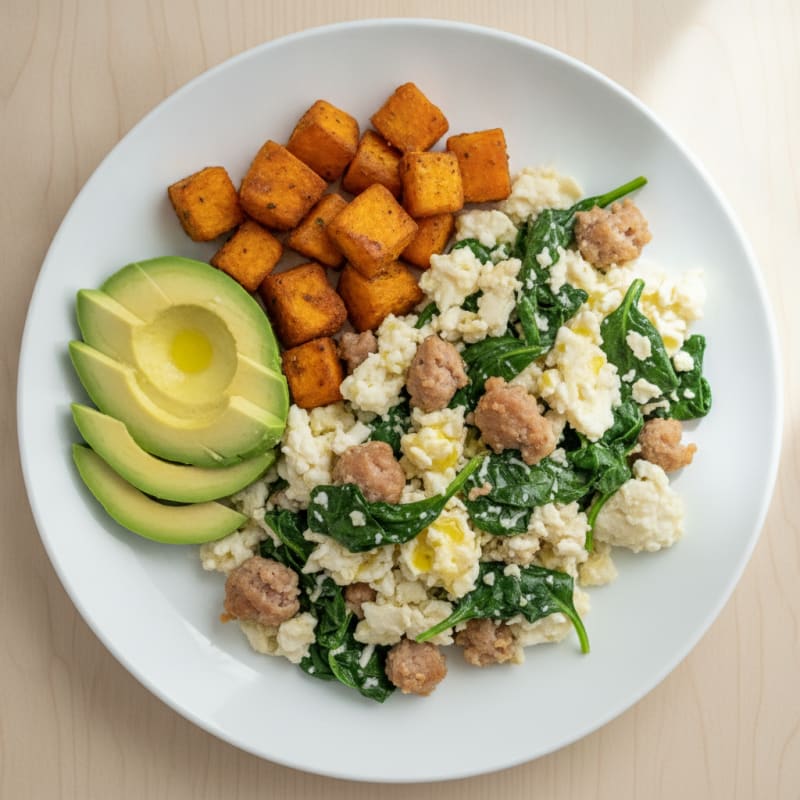 Egg White and Turkey Sausage Scramble with Sautéed Spinach