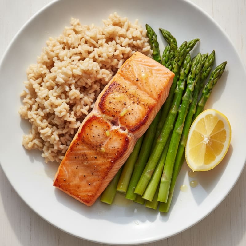 Seared Salmon Fillet with Steamed Asparagus and Brown Rice
