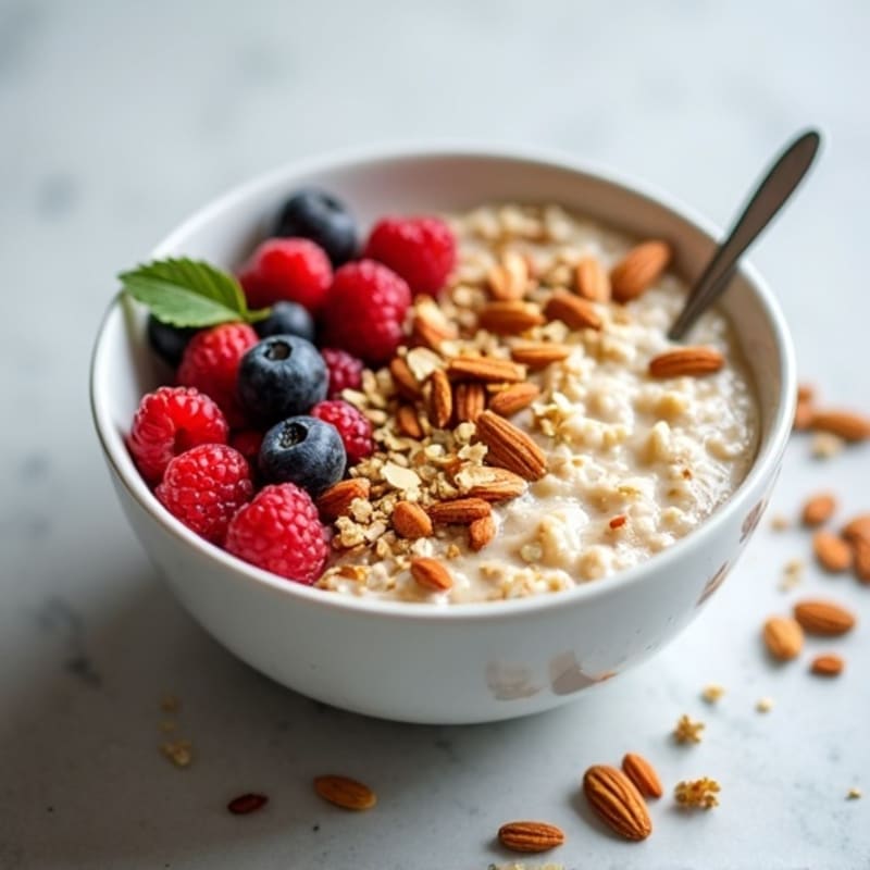 Creamy High Protein Oatmeal with Berries and Toasted Nuts