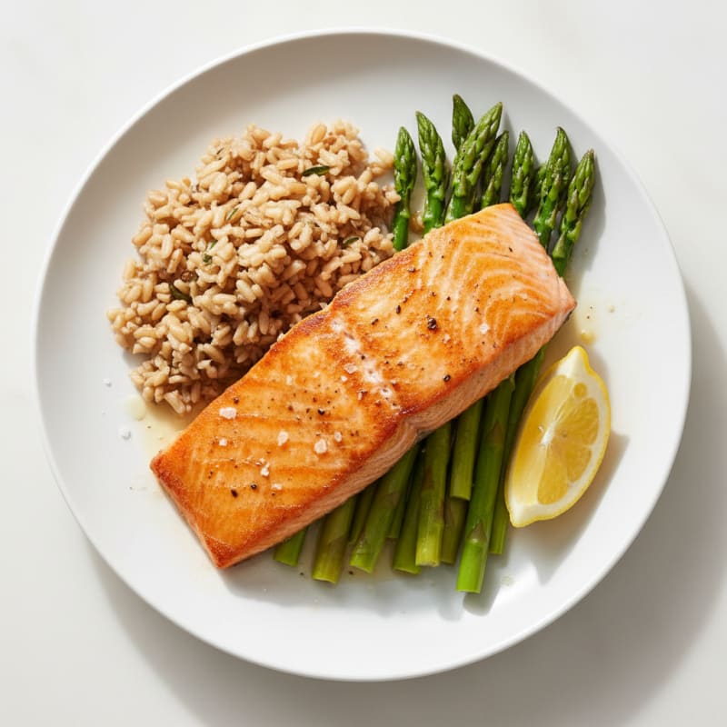 Seared Salmon with Steamed Asparagus and Brown Rice