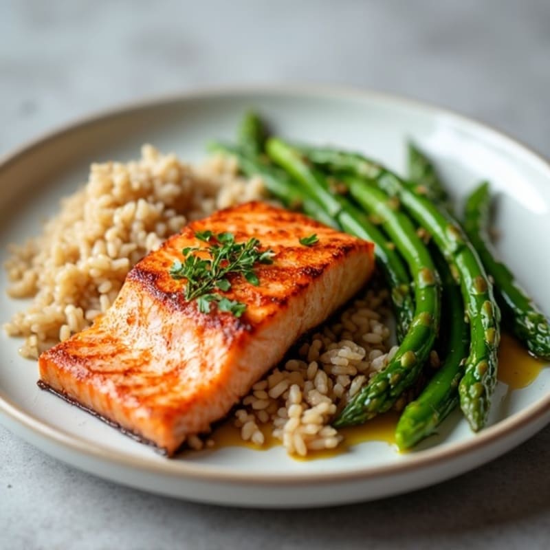 Seared Salmon Fillet with Steamed Asparagus and Brown Rice