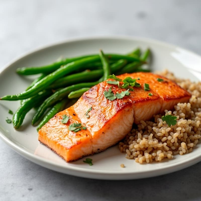 Seared Salmon with Steamed Green Beans and Brown Rice