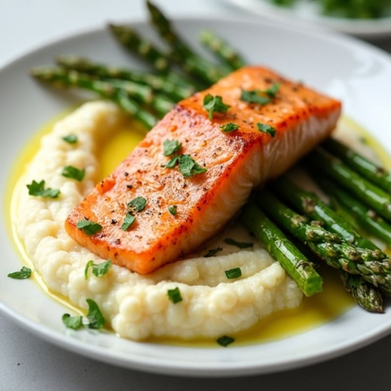 Baked Salmon with Steamed Asparagus and Cauliflower Mash