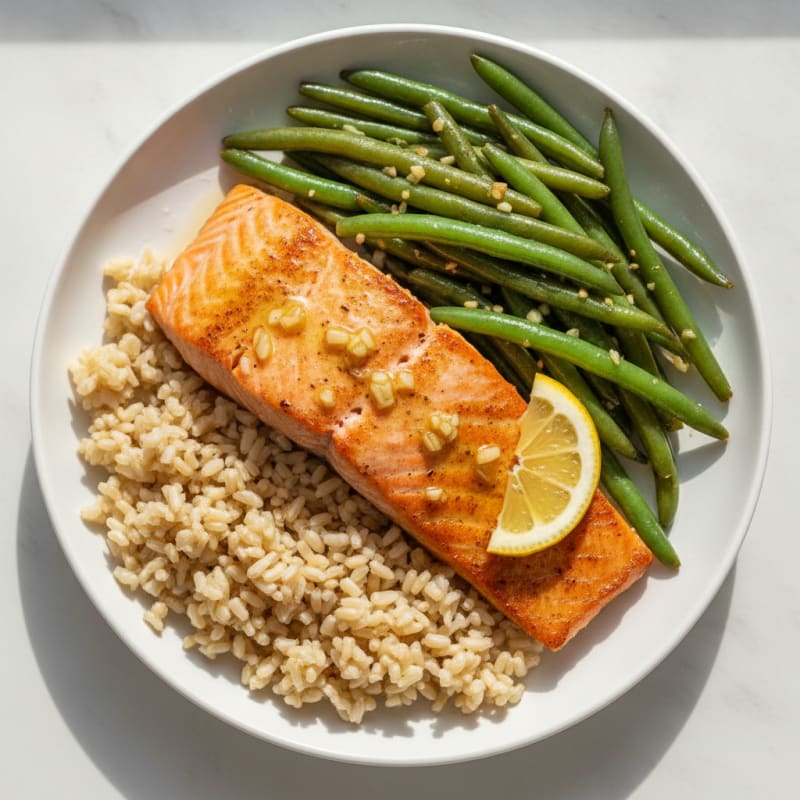 Seared Salmon with Garlic Green Beans and Brown Rice