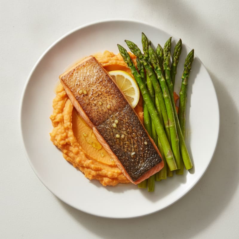 Seared Salmon with Roasted Asparagus and Sweet Potato Mash