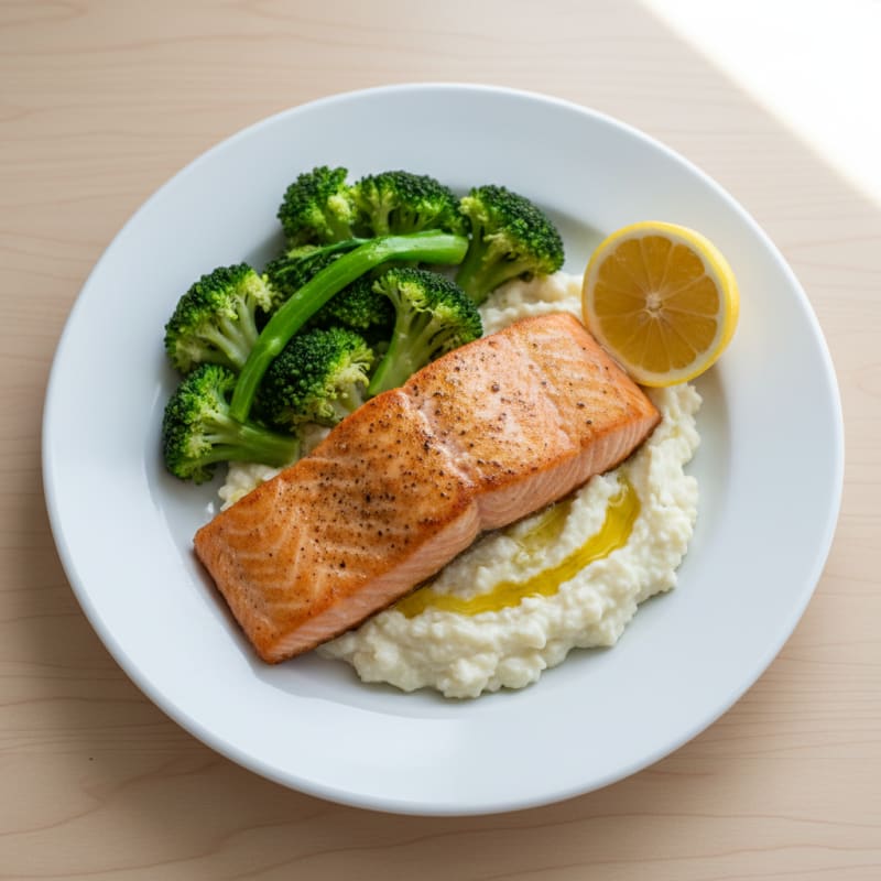 Seared Salmon Filet with Steamed Broccoli and Garlic Cauliflower Mash