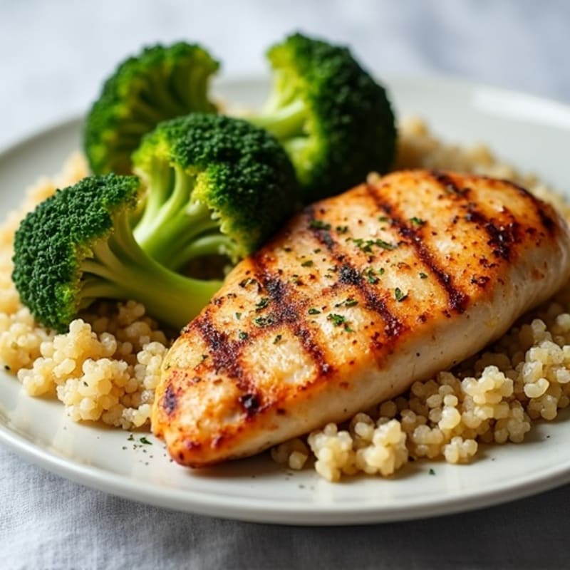 Grilled Chicken Breast with Creamy Quinoa and Roasted Broccoli