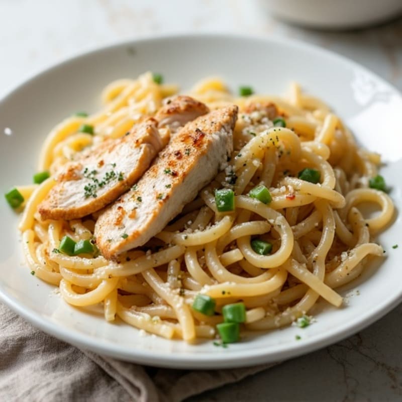Creamy Yogurt Pasta with Grilled Chicken and Roasted Onions