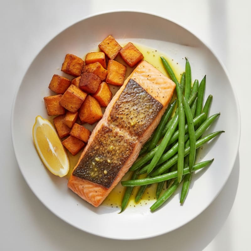 Seared Salmon Fillet with Roasted Sweet Potato and Green Beans