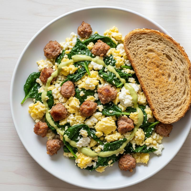 Cottage Cheese Scramble with Turkey Sausage and Spinach