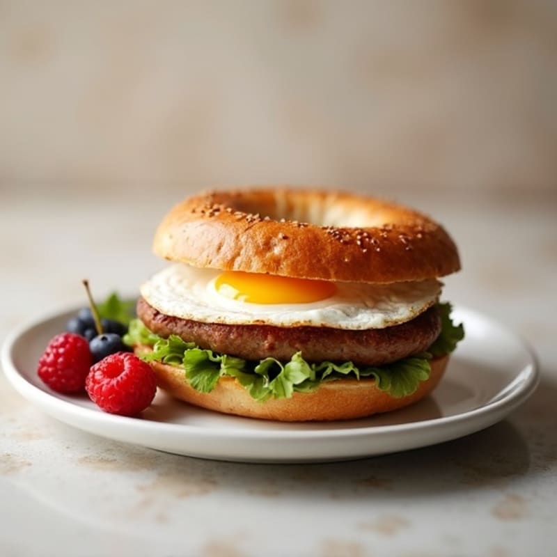 Egg and Turkey Sausage Bagel Sandwich with Fresh Berries