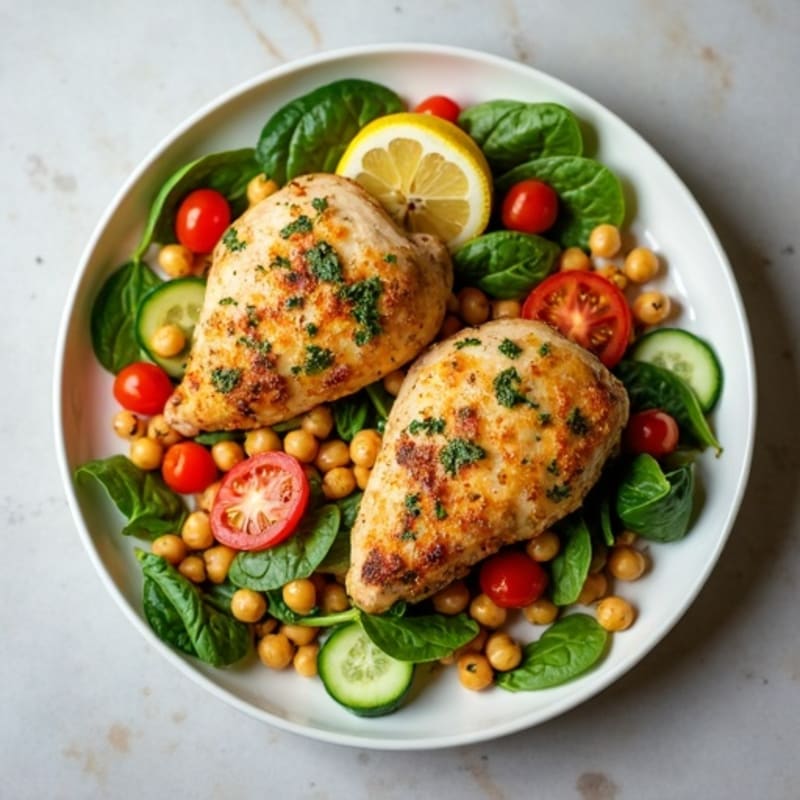 Lemon-Herb Roasted Chicken and Crispy Chickpea Salad with Fresh Vegetables
