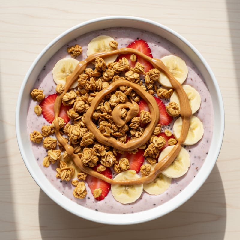 Silky Tofu Strawberry Banana Smoothie Bowl with Protein Granola