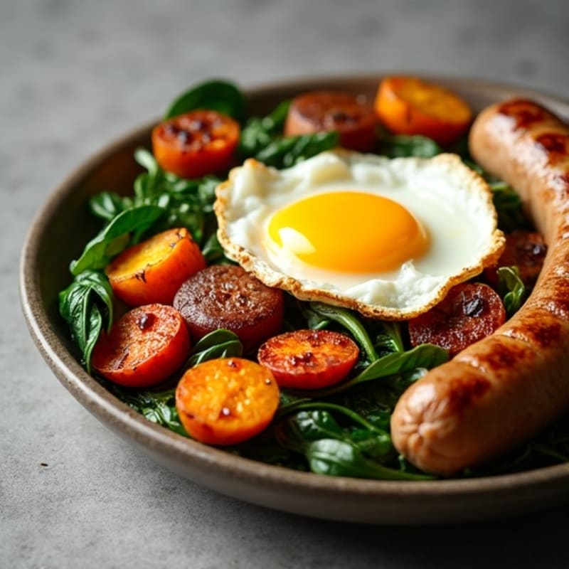 Savory Chicken Sausage and Egg Skillet with Roasted Sweet Potatoes and Spinach