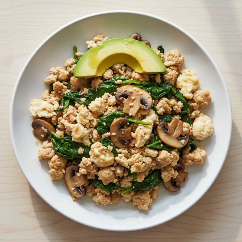 Egg White and Turkey Spinach Scramble with Sautéed Mushrooms