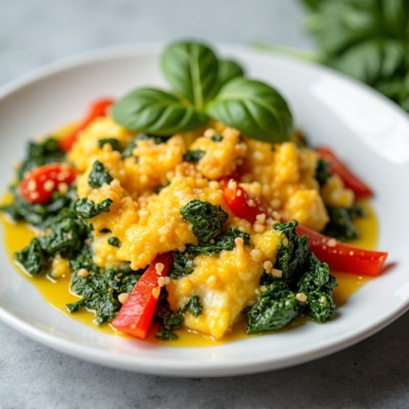 Fluffy Cheesy Egg Scramble with Spinach and Bell Pepper