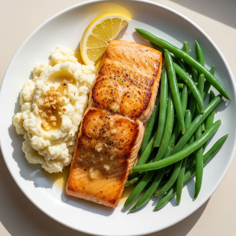 Seared Salmon with Steamed Green Beans and Garlic Mashed Cauliflower