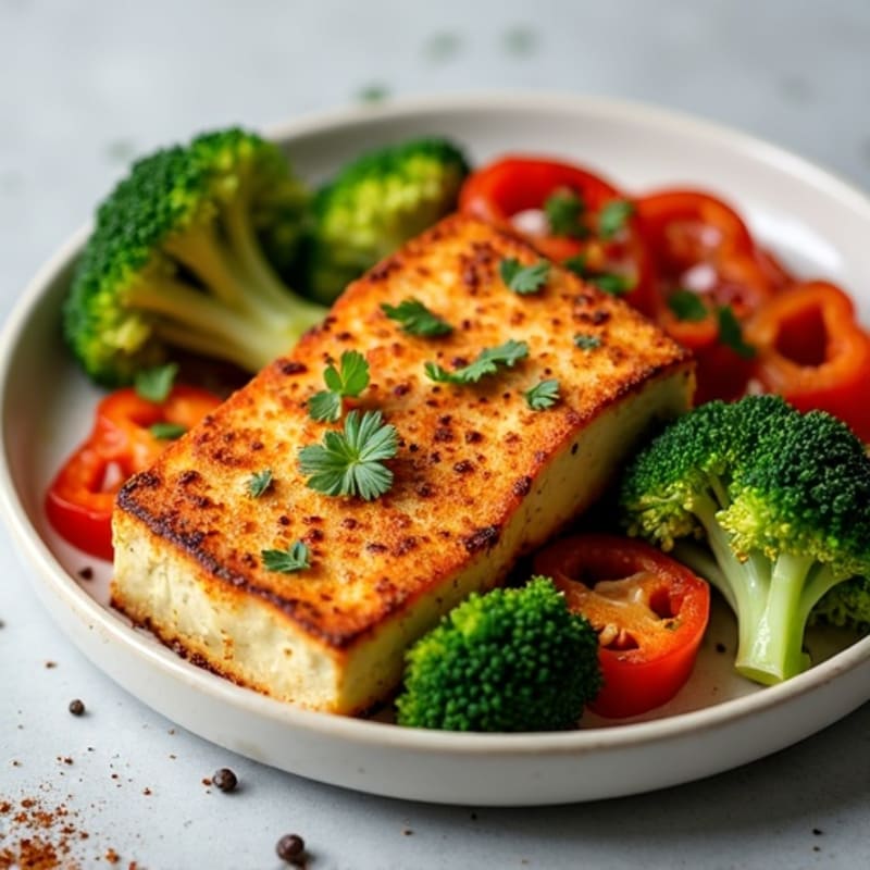 Crispy Baked Tofu with Roasted Broccoli and Bell Peppers