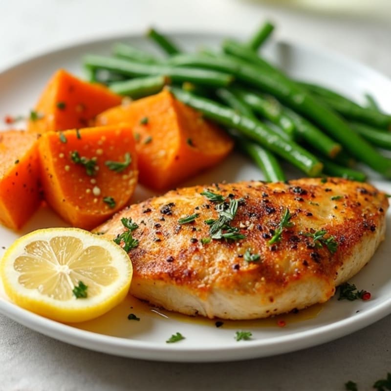 Lemon-Herb Roasted Chicken with Crispy Sweet Potatoes and Tender Green Beans