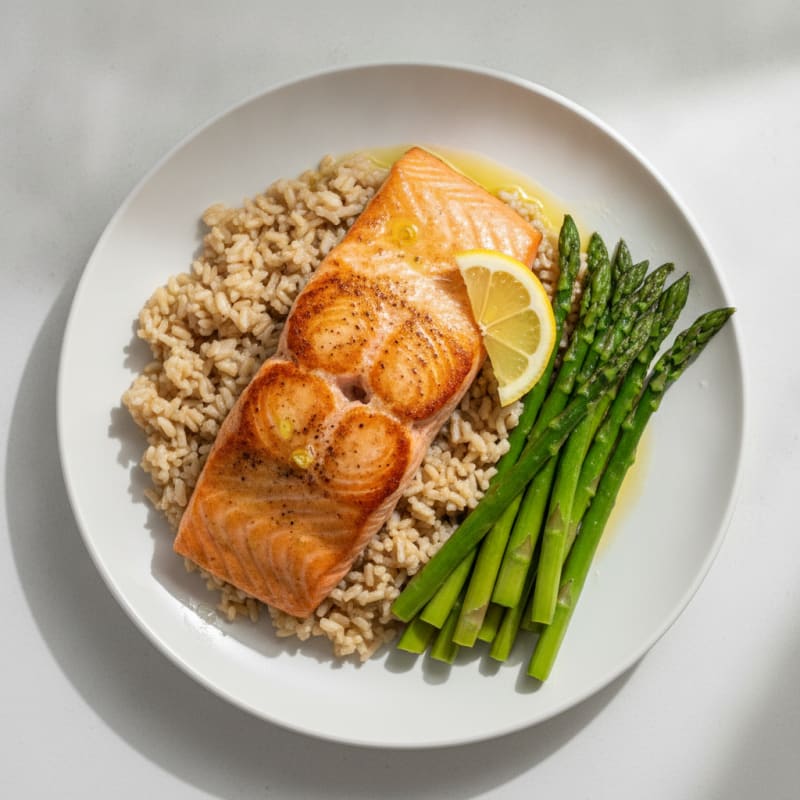Seared Salmon with Steamed Asparagus and Brown Rice
