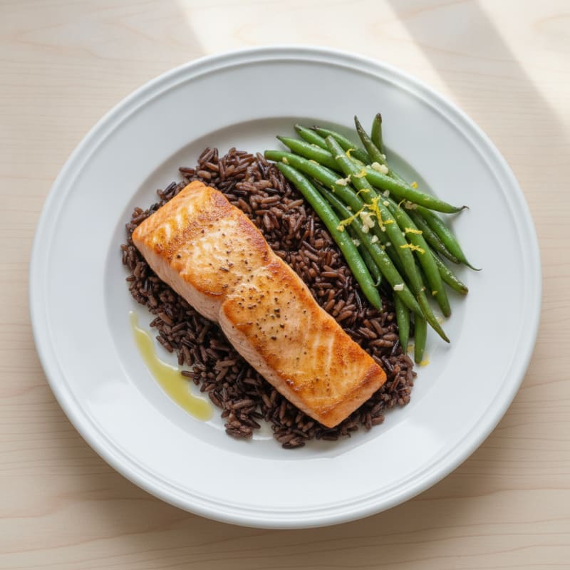 Seared Salmon with Garlic Green Beans and Wild Rice