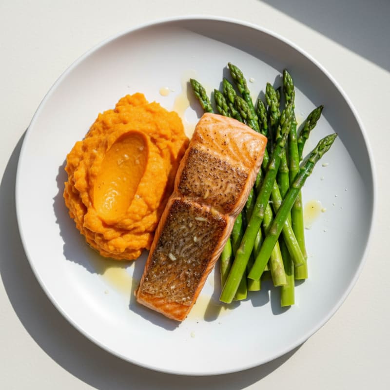 Seared Salmon Fillet with Steamed Asparagus and Sweet Potato Mash