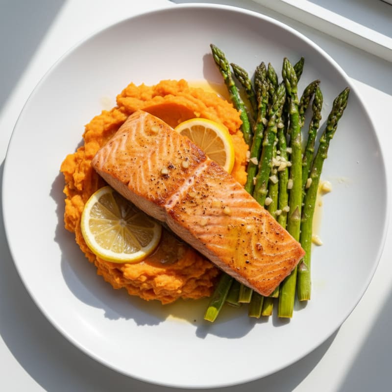 Baked Salmon with Roasted Asparagus and Sweet Potato Mash