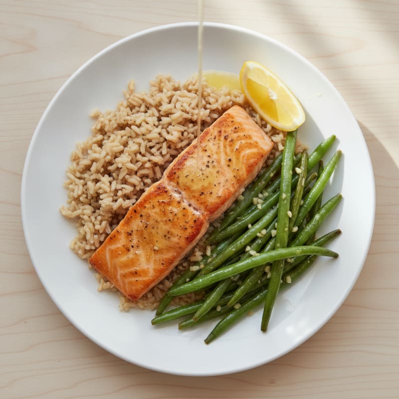 Seared Salmon with Garlic Green Beans and Brown Rice
