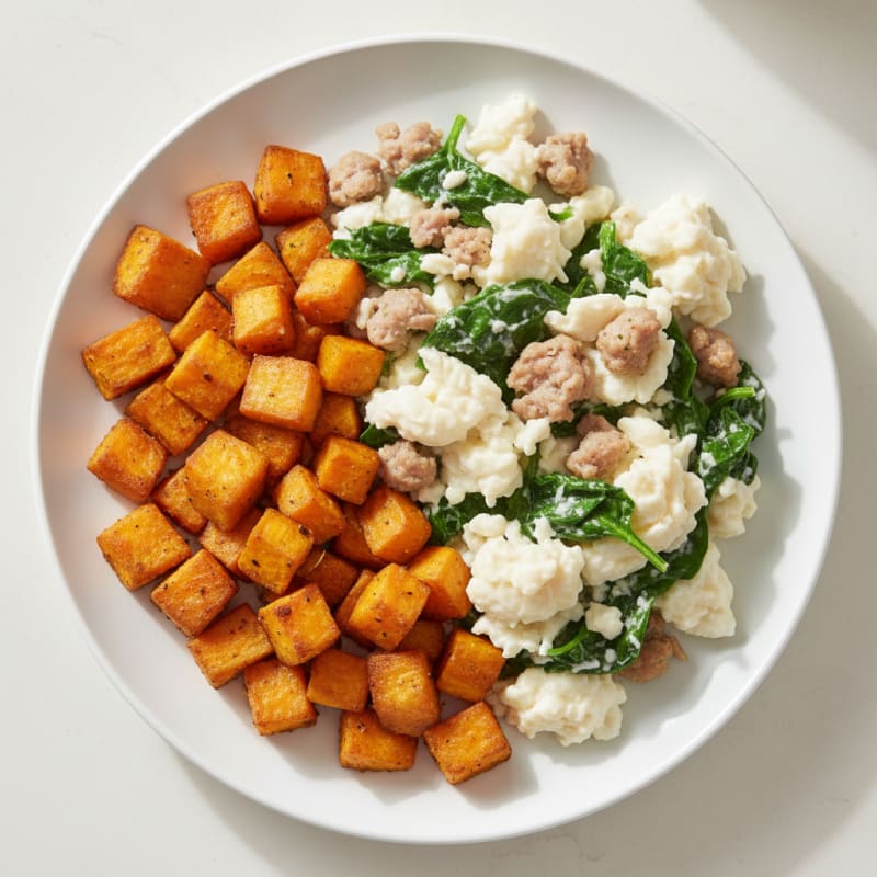 Egg White and Turkey Sausage Scramble with Spinach and Roasted Sweet Potato