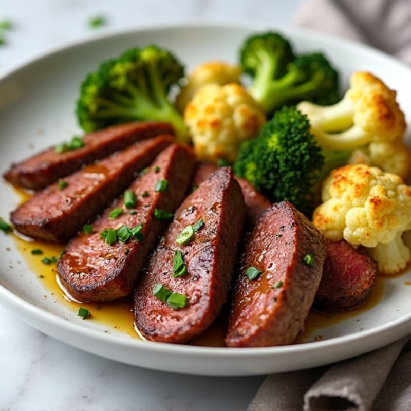 Seared Lean Beef Strips with Roasted Broccoli and Cauliflower