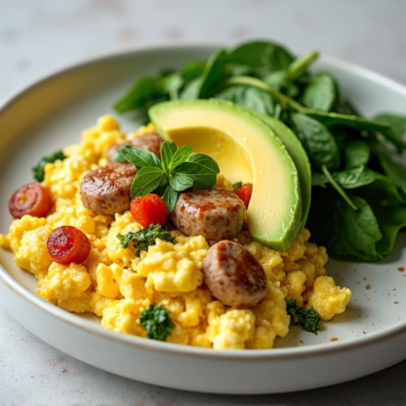 Cottage Cheese Egg Scramble with Spinach and Turkey Sausage