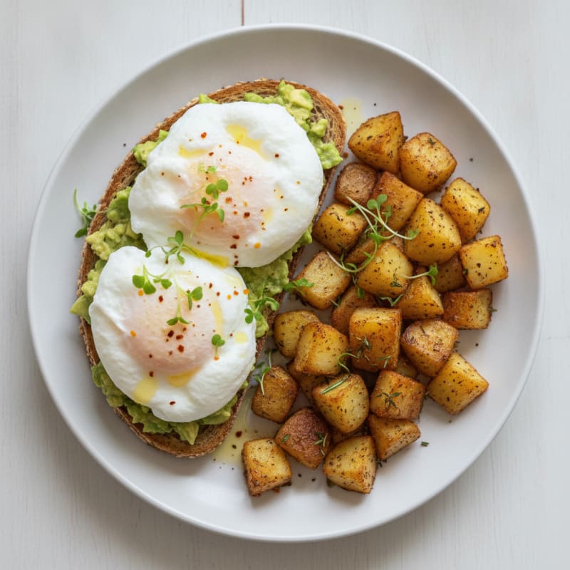 Avocado Toast with Fluffy Egg Whites and Crispy Roasted Potatoes