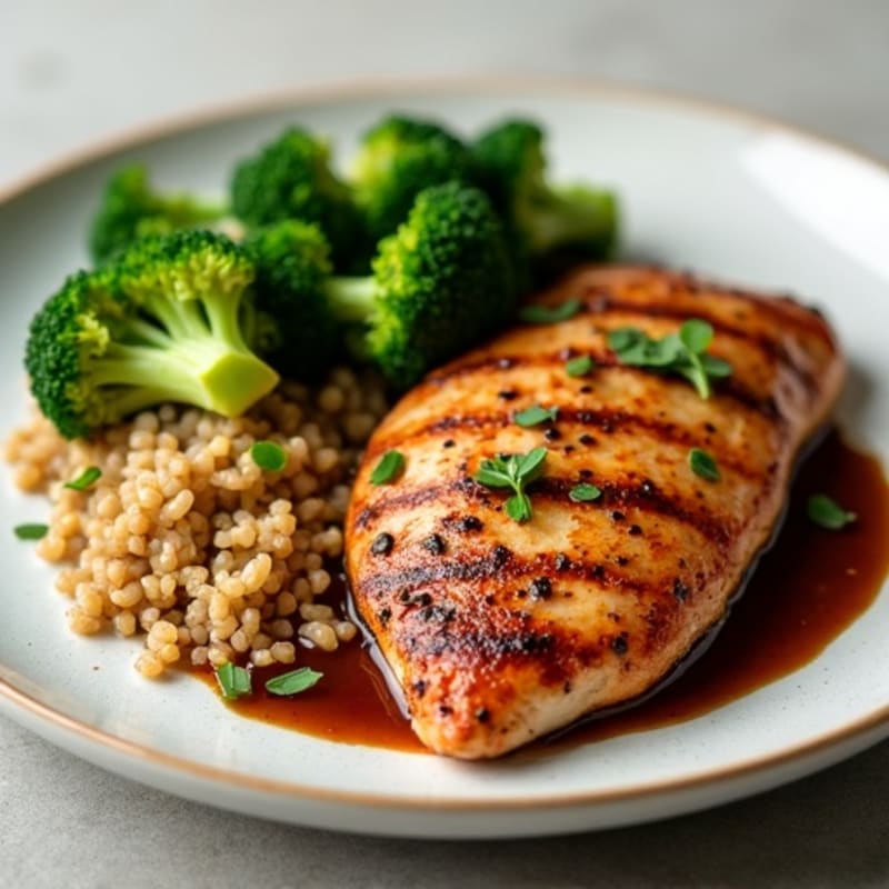 Grilled Chicken Breast with Roasted Broccoli, Quinoa & Light Cocoa Mole Sauce