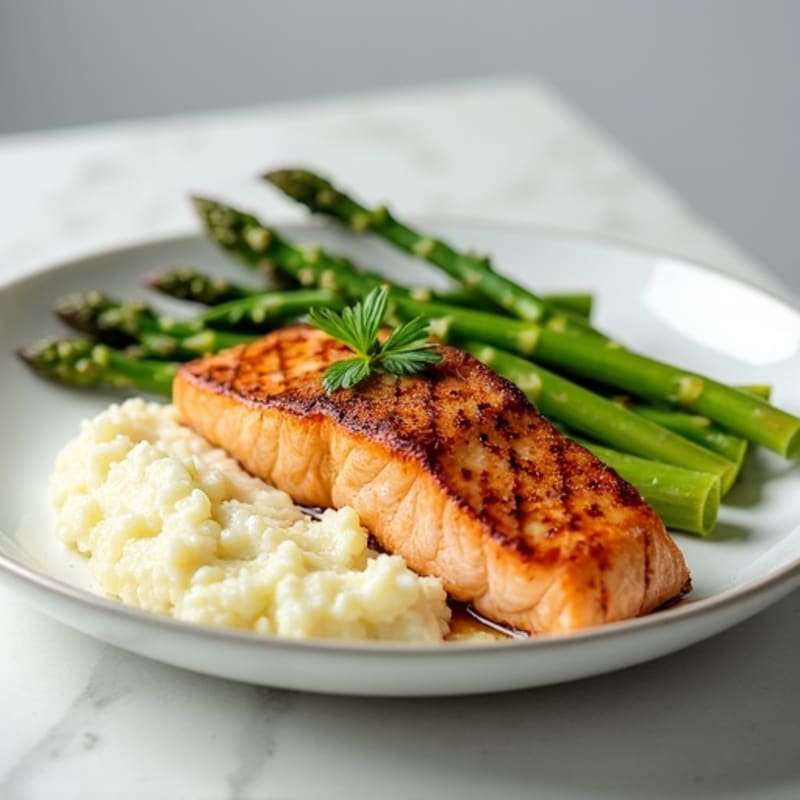 Seared Salmon with Steamed Asparagus and Cauliflower Mash