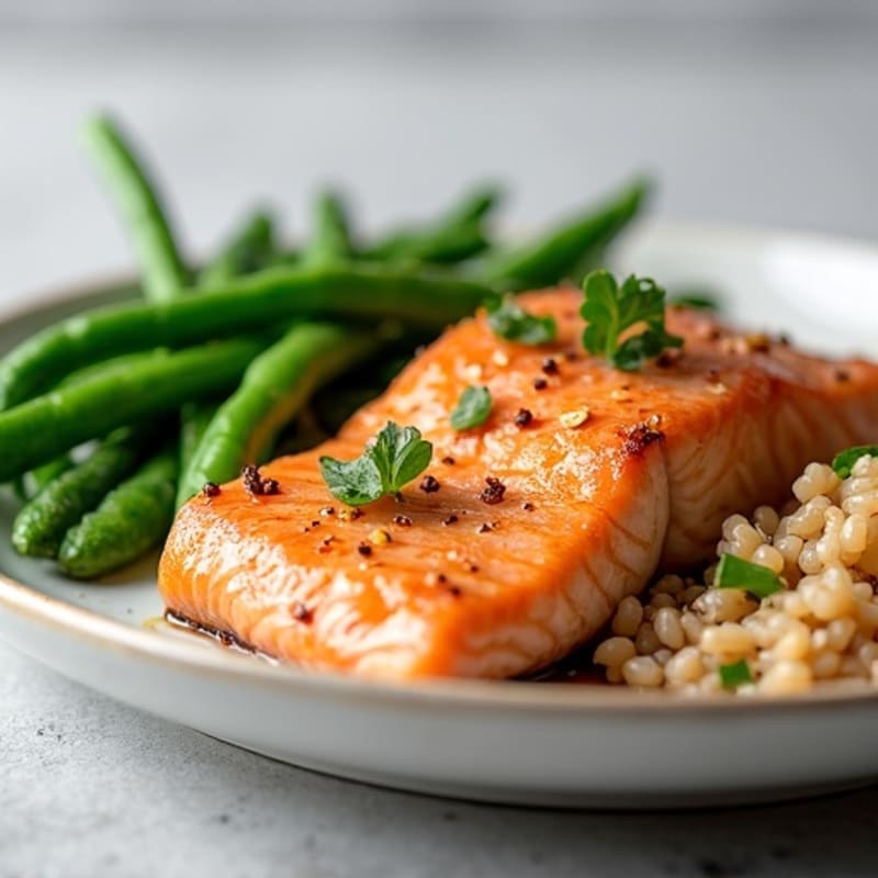 Seared Salmon Fillet with Steamed Green Beans and Brown Rice