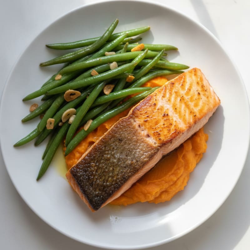 Seared Salmon with Garlic Green Beans and Sweet Potato Mash