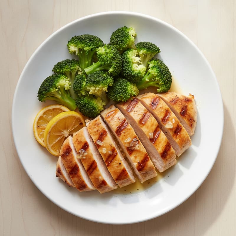 Grilled Chicken Breast with Steamed Broccoli and Lemon