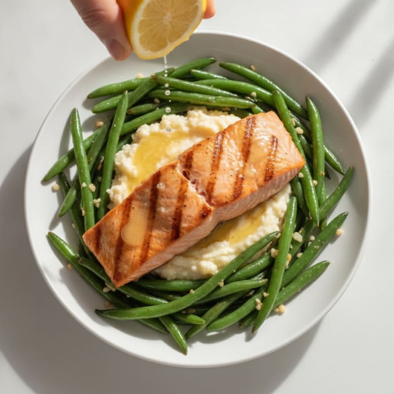 Seared Salmon Filet with Garlic Green Beans and Cauliflower Mash