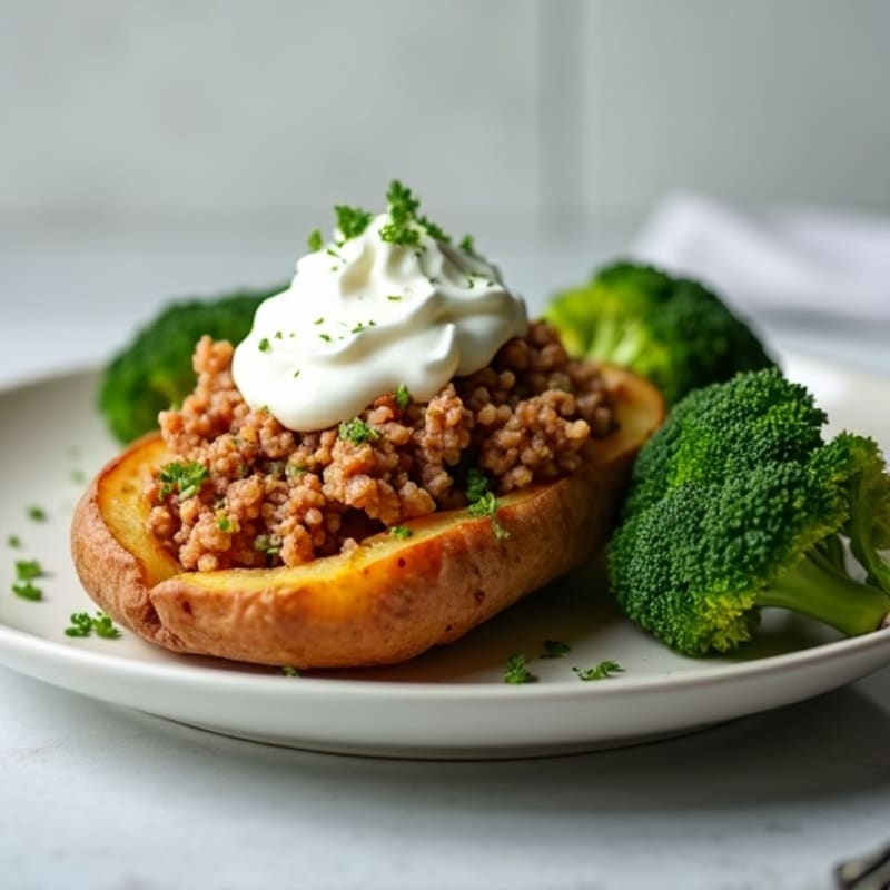 Crispy Baked Potato with Lean Ground Turkey, Steamed Broccoli, and Creamy Greek Yogurt