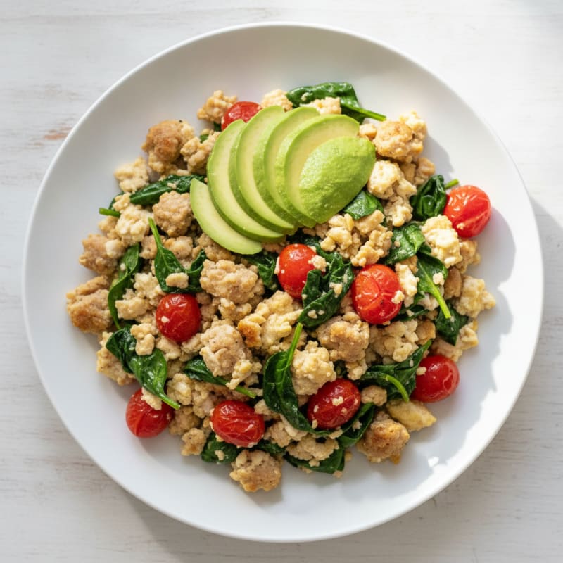 Egg White and Turkey Sausage Scramble with Spinach and Tomatoes